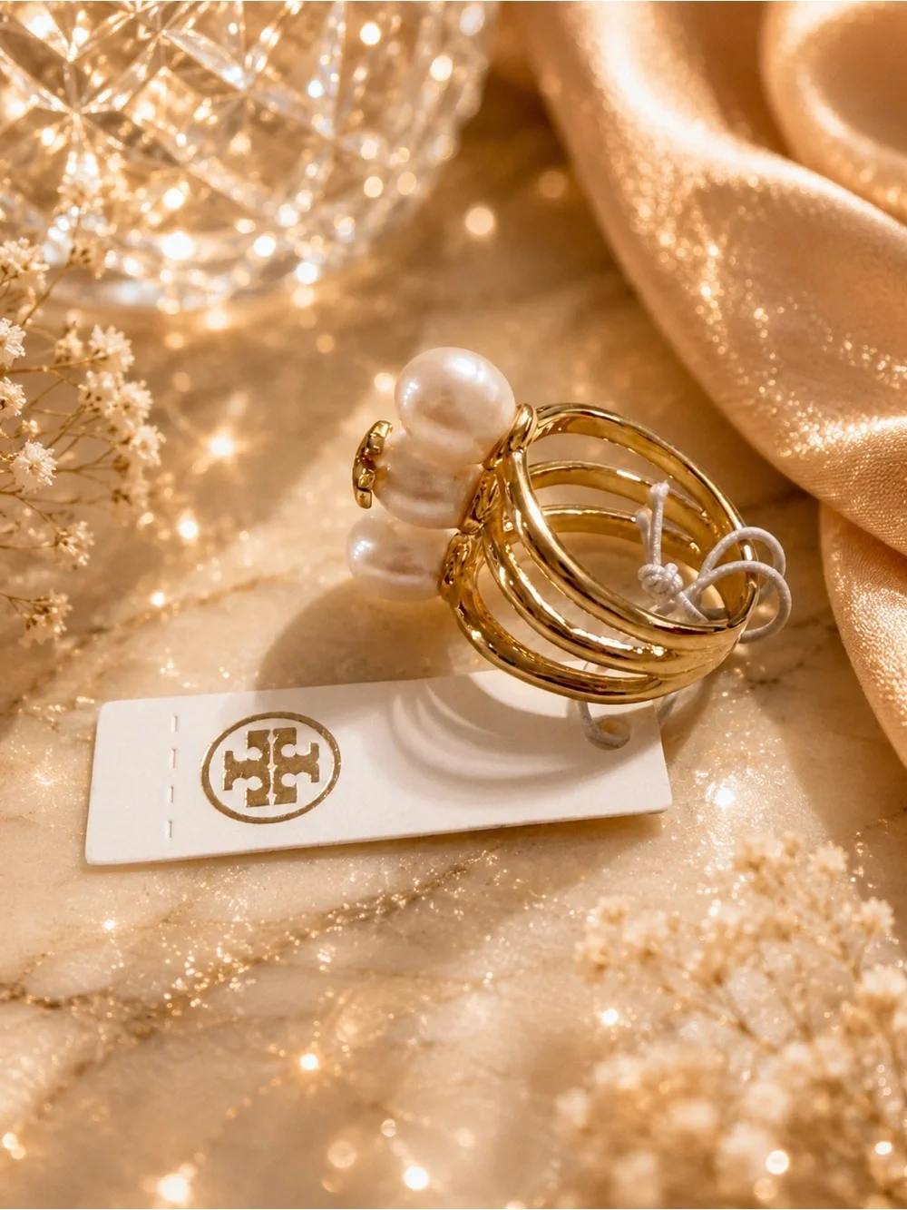Tory Burch Gold Triple-Band Ring with Pearls